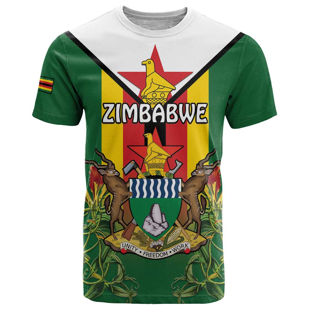 Personalised Zimbabwe Independence Day T Shirt Gloriosa Flower - Flag Style