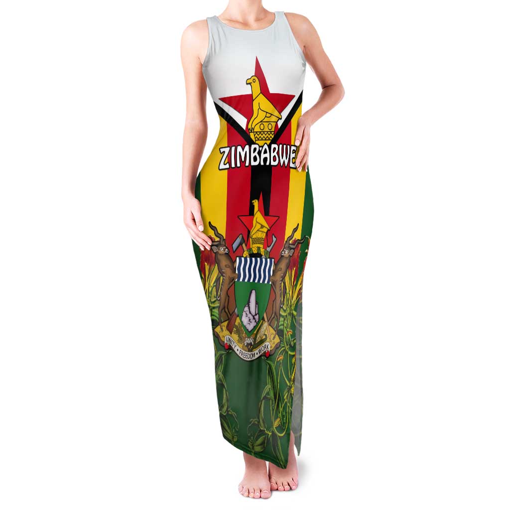 Personalised Zimbabwe Independence Day Tank Maxi Dress Gloriosa Flower - Flag Style