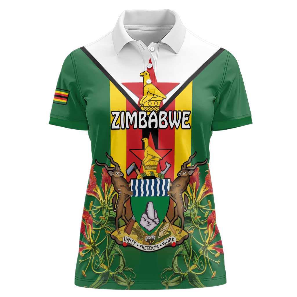 Personalised Zimbabwe Independence Day Women Polo Shirt Gloriosa Flower - Flag Style