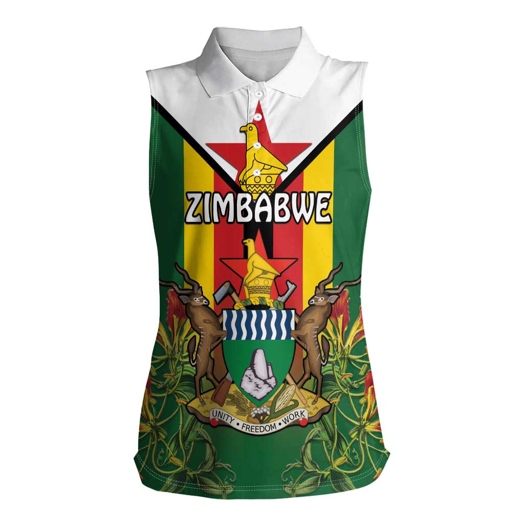 Personalised Zimbabwe Independence Day Women Sleeveless Polo Shirt Gloriosa Flower - Flag Style