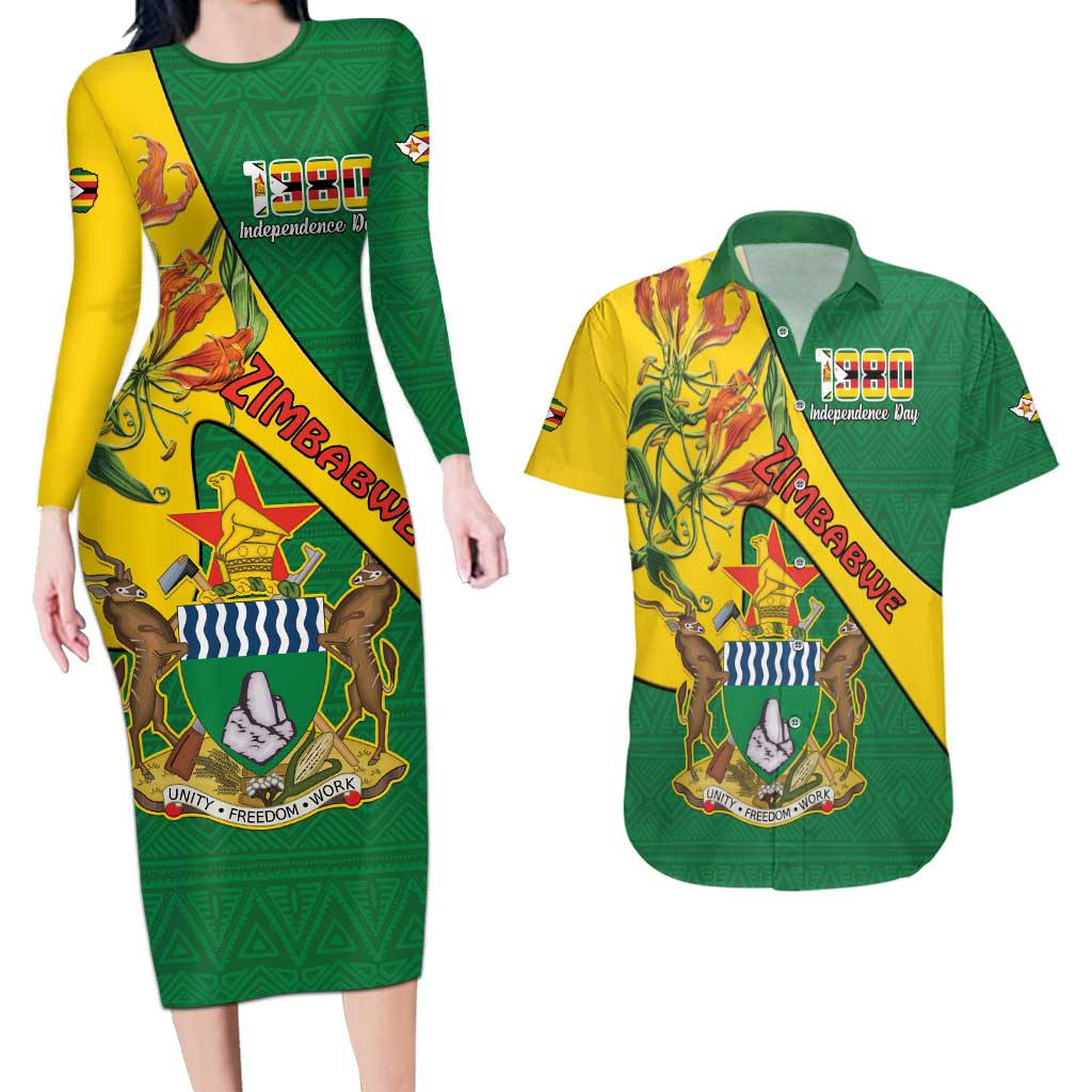 Personalised Zimbabwe Couples Matching Long Sleeve Bodycon Dress and Hawaiian Shirt 1980 Independence Day