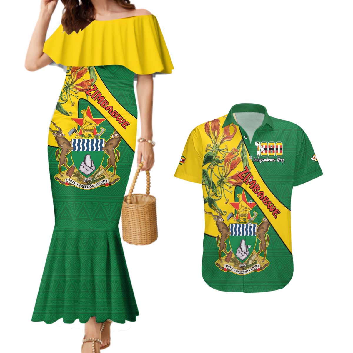 Personalised Zimbabwe Couples Matching Mermaid Dress and Hawaiian Shirt 1980 Independence Day