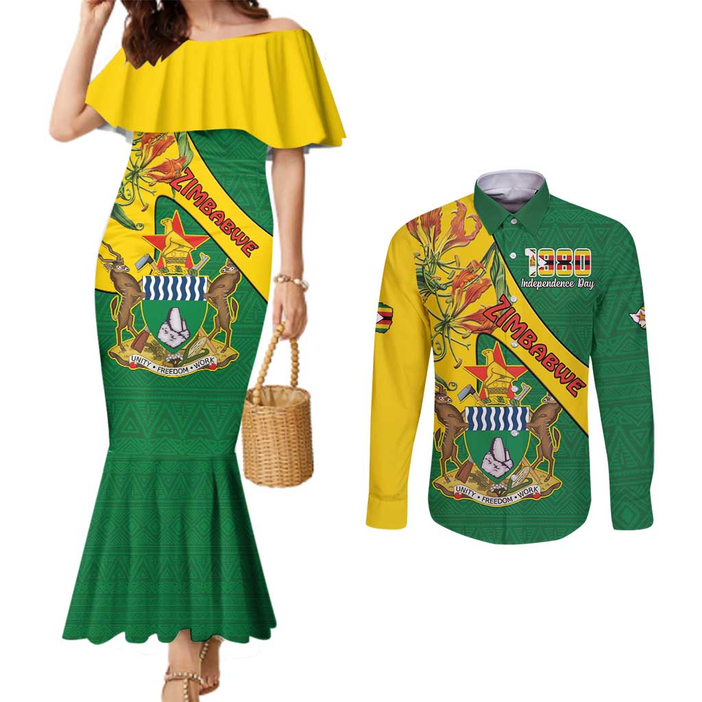 Personalised Zimbabwe Couples Matching Mermaid Dress and Long Sleeve Button Shirt 1980 Independence Day