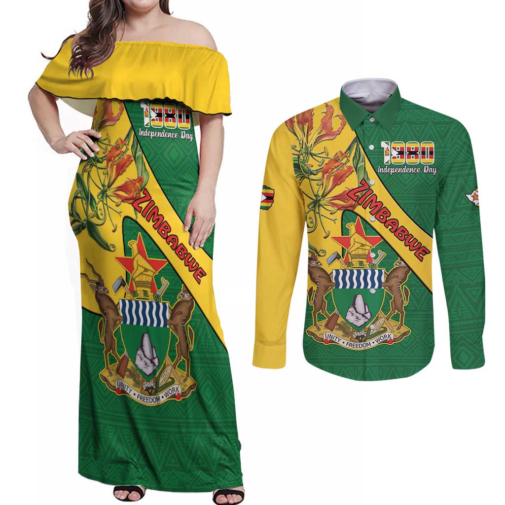 Personalised Zimbabwe Couples Matching Off Shoulder Maxi Dress and Long Sleeve Button Shirt 1980 Independence Day