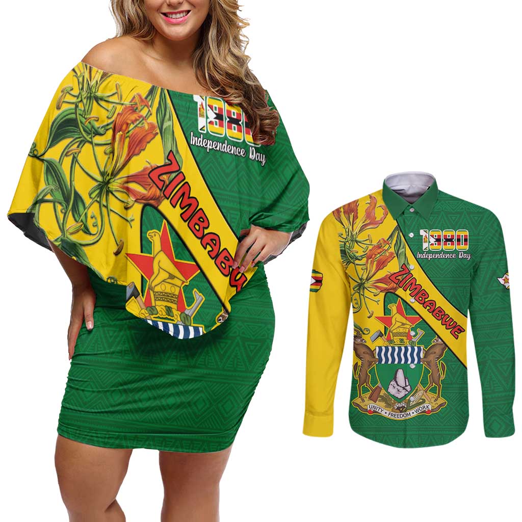 Personalised Zimbabwe Couples Matching Off Shoulder Short Dress and Long Sleeve Button Shirt 1980 Independence Day