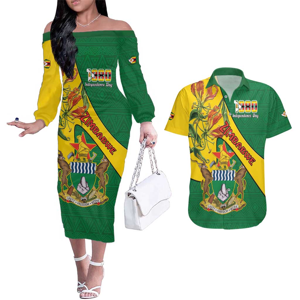 Personalised Zimbabwe Couples Matching Off The Shoulder Long Sleeve Dress and Hawaiian Shirt 1980 Independence Day