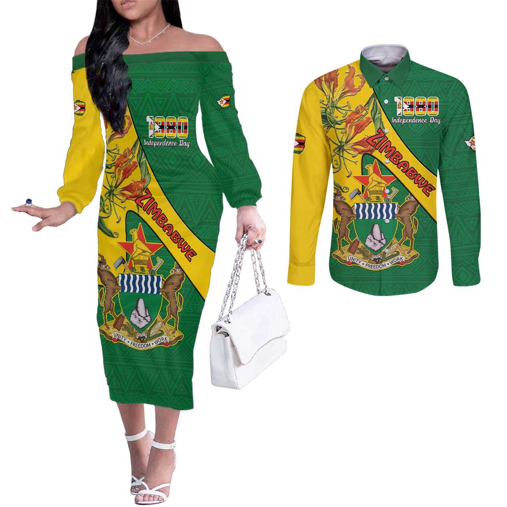 Personalised Zimbabwe Couples Matching Off The Shoulder Long Sleeve Dress and Long Sleeve Button Shirt 1980 Independence Day