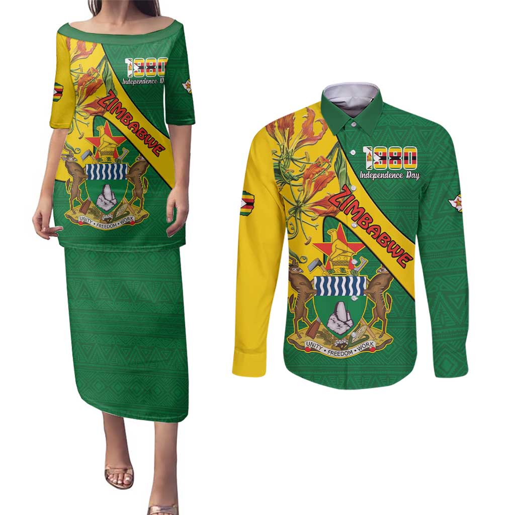 Personalised Zimbabwe Couples Matching Puletasi and Long Sleeve Button Shirt 1980 Independence Day