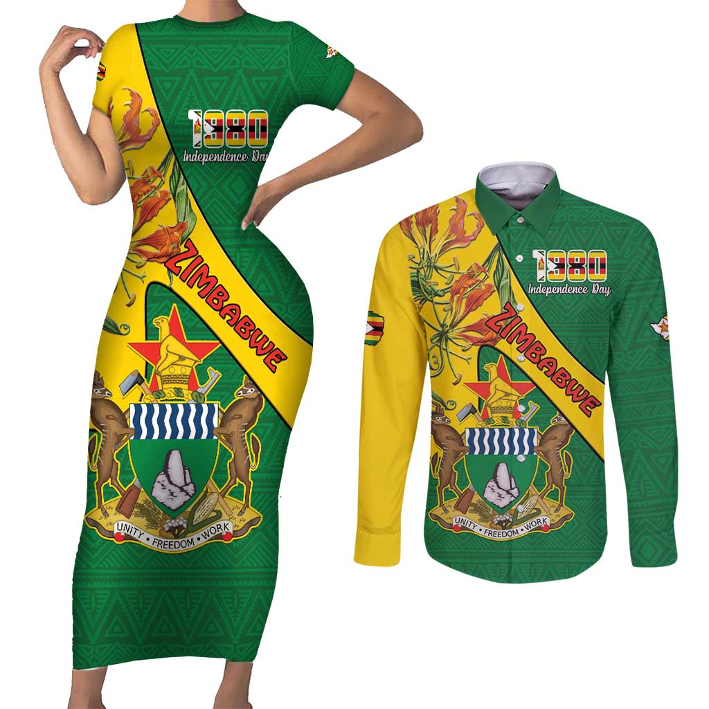 Personalised Zimbabwe Couples Matching Short Sleeve Bodycon Dress and Long Sleeve Button Shirt 1980 Independence Day