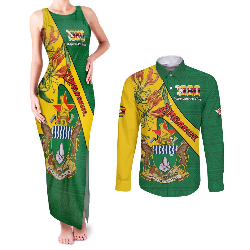 Personalised Zimbabwe Couples Matching Tank Maxi Dress and Long Sleeve Button Shirt 1980 Independence Day