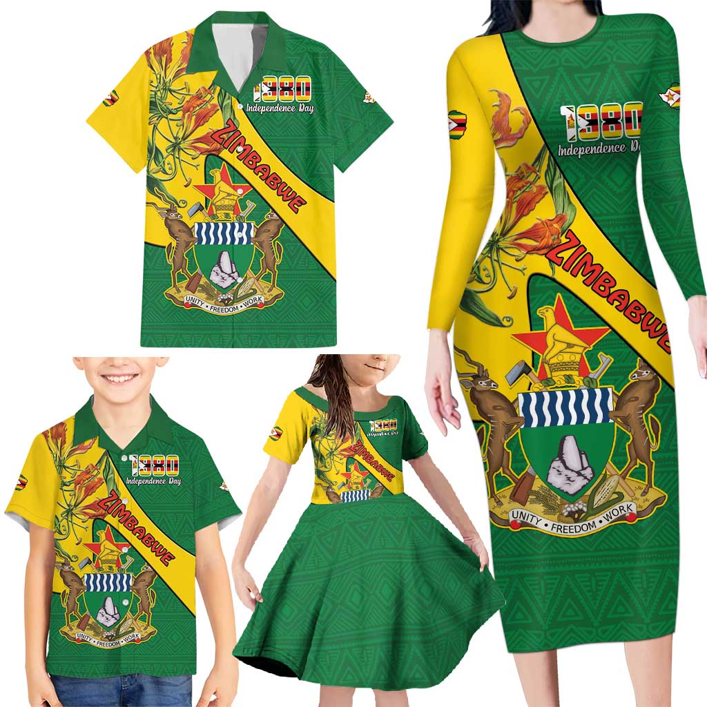 Personalised Zimbabwe Family Matching Long Sleeve Bodycon Dress and Hawaiian Shirt 1980 Independence Day