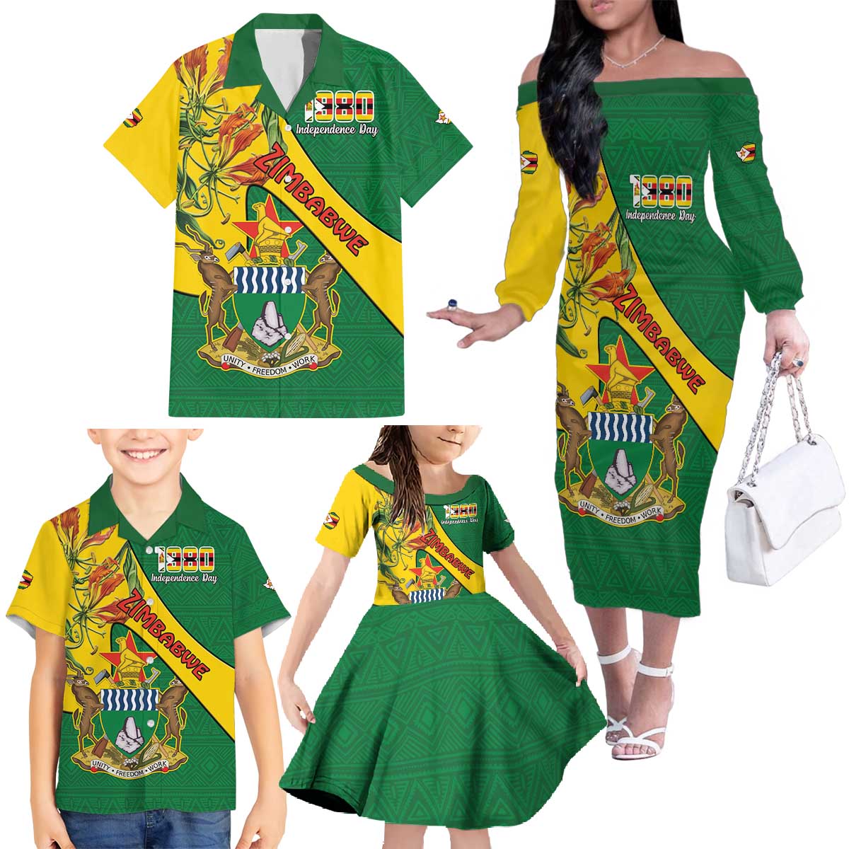 Personalised Zimbabwe Family Matching Off The Shoulder Long Sleeve Dress and Hawaiian Shirt 1980 Independence Day