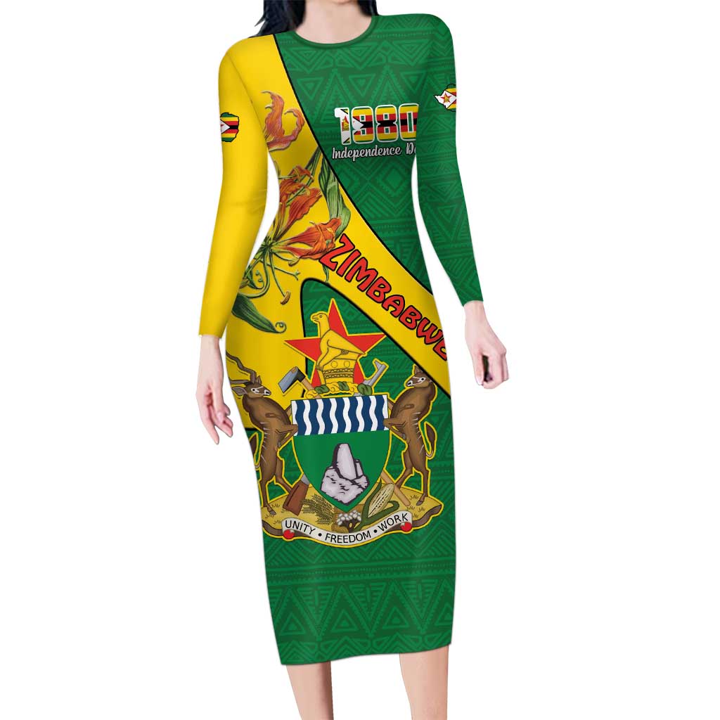 Personalised Zimbabwe Long Sleeve Bodycon Dress 1980 Independence Day