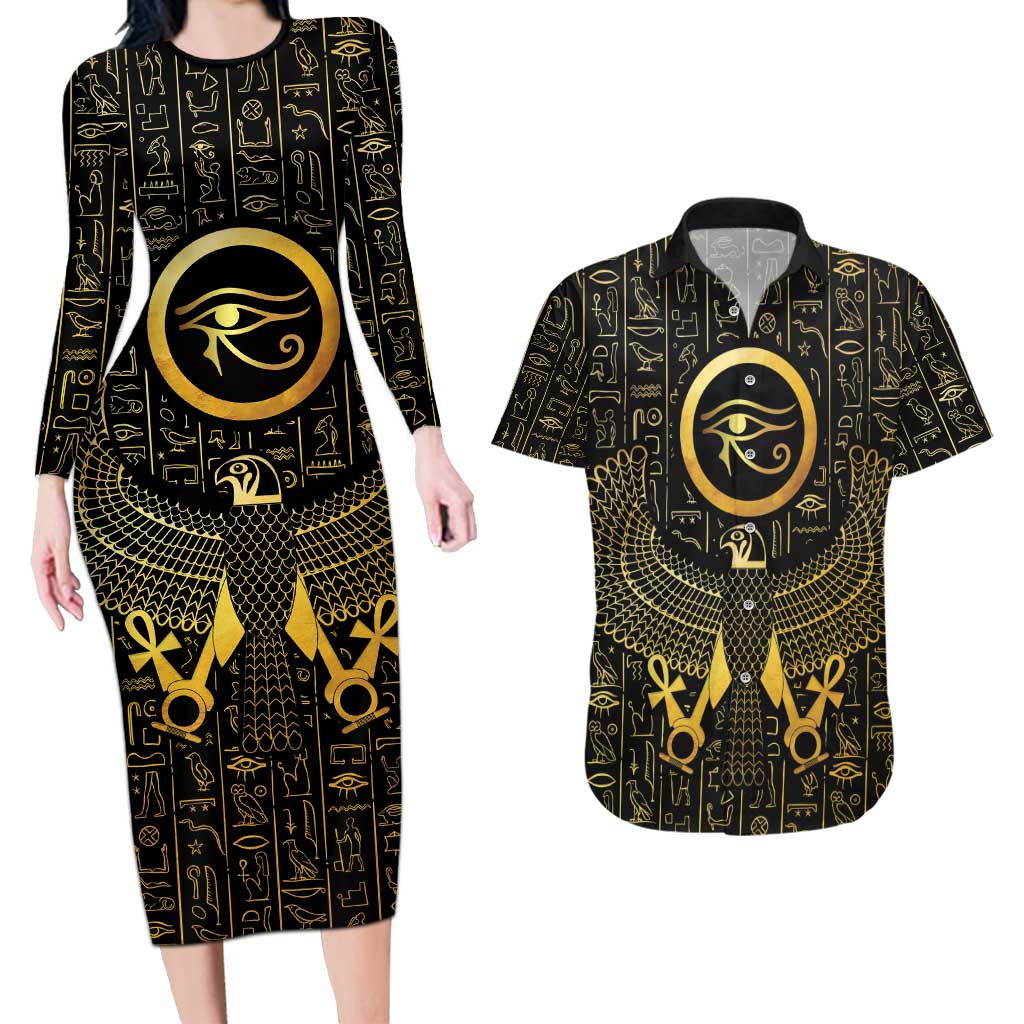 Ancient Egyptian Couples Matching Long Sleeve Bodycon Dress and Hawaiian Shirt Horus Falcon God