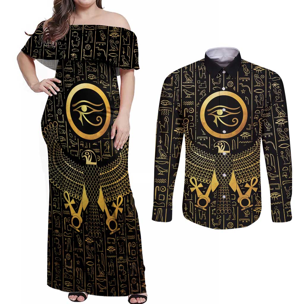 Ancient Egyptian Couples Matching Off Shoulder Maxi Dress and Long Sleeve Button Shirt Horus Falcon God