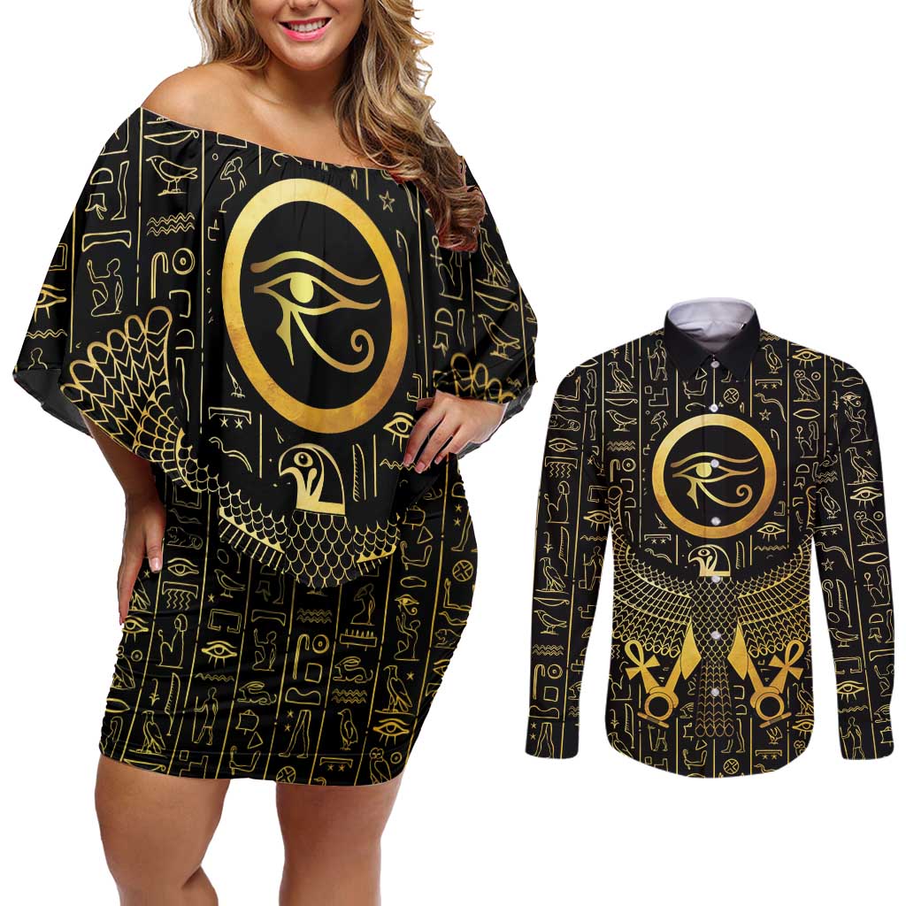 Ancient Egyptian Couples Matching Off Shoulder Short Dress and Long Sleeve Button Shirt Horus Falcon God