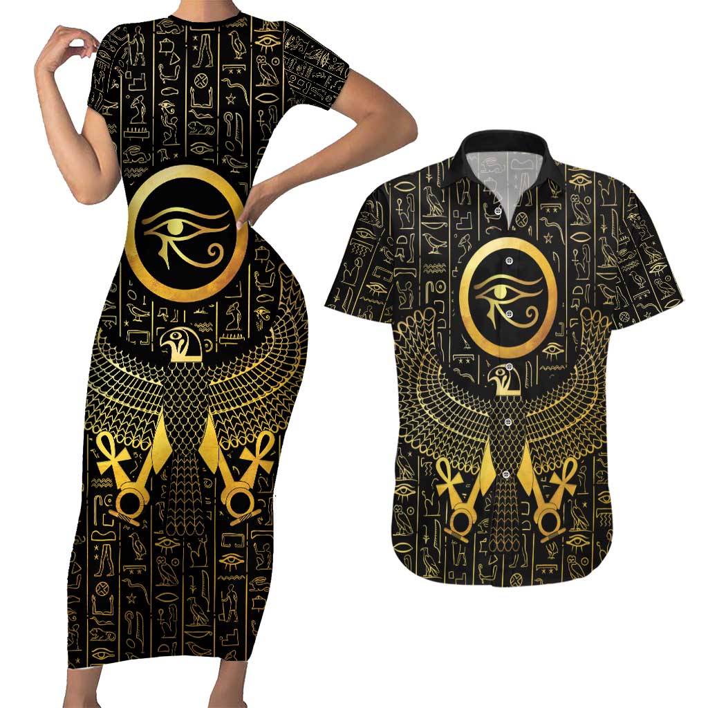 Ancient Egyptian Couples Matching Short Sleeve Bodycon Dress and Hawaiian Shirt Horus Falcon God