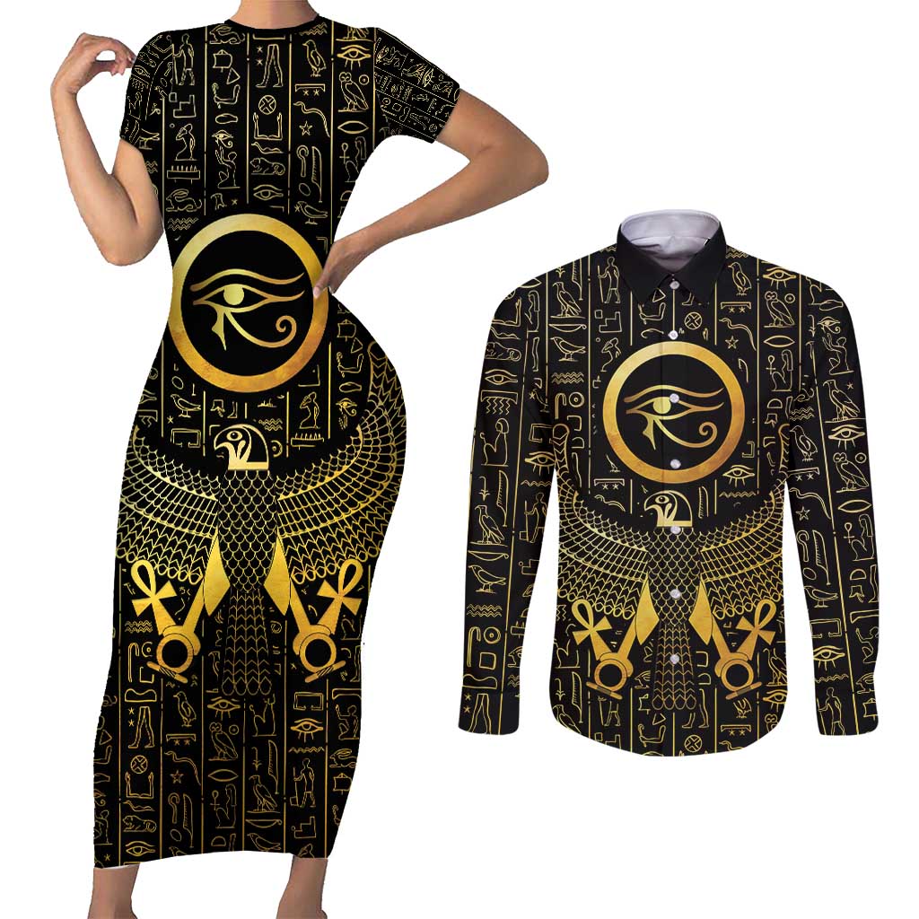 Ancient Egyptian Couples Matching Short Sleeve Bodycon Dress and Long Sleeve Button Shirt Horus Falcon God