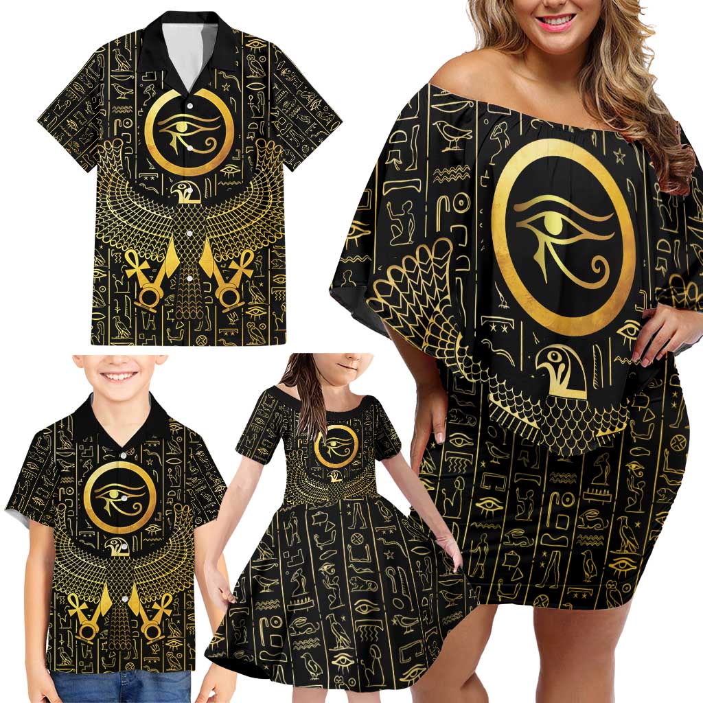 Ancient Egyptian Family Matching Off Shoulder Short Dress and Hawaiian Shirt Horus Falcon God