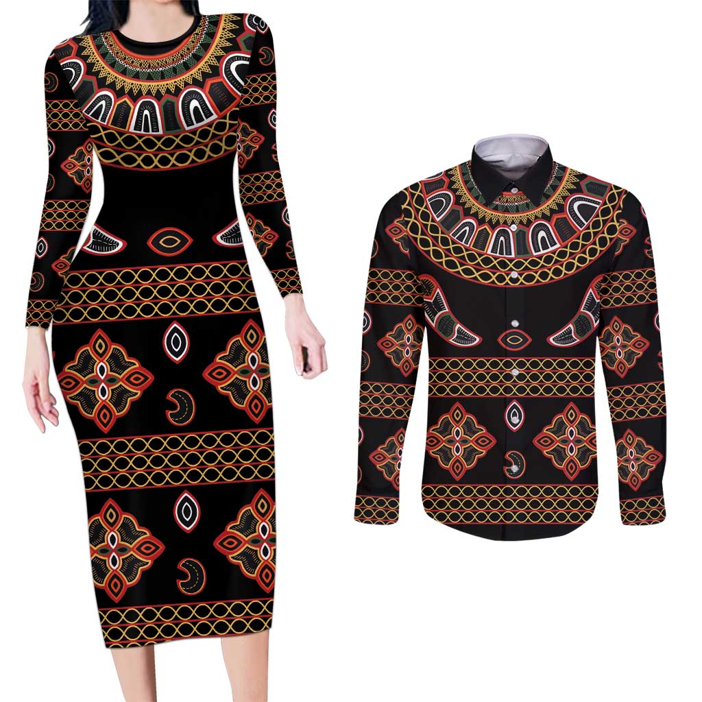 Toghu Couples Matching Long Sleeve Bodycon Dress and Long Sleeve Button Shirt Cameroon Traditional Pattern