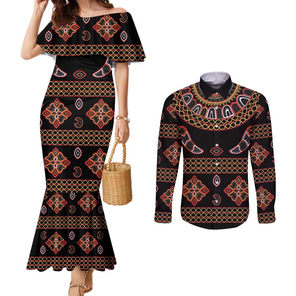 Toghu Couples Matching Mermaid Dress and Long Sleeve Button Shirt Cameroon Traditional Pattern