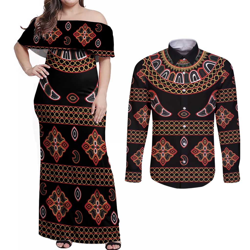 Toghu Couples Matching Off Shoulder Maxi Dress and Long Sleeve Button Shirt Cameroon Traditional Pattern