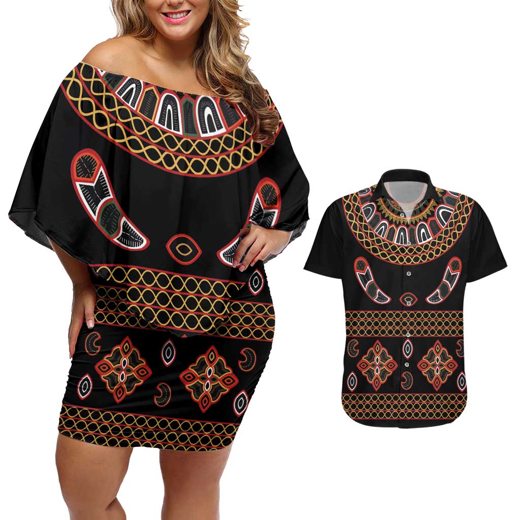 Toghu Couples Matching Off Shoulder Short Dress and Hawaiian Shirt Cameroon Traditional Pattern