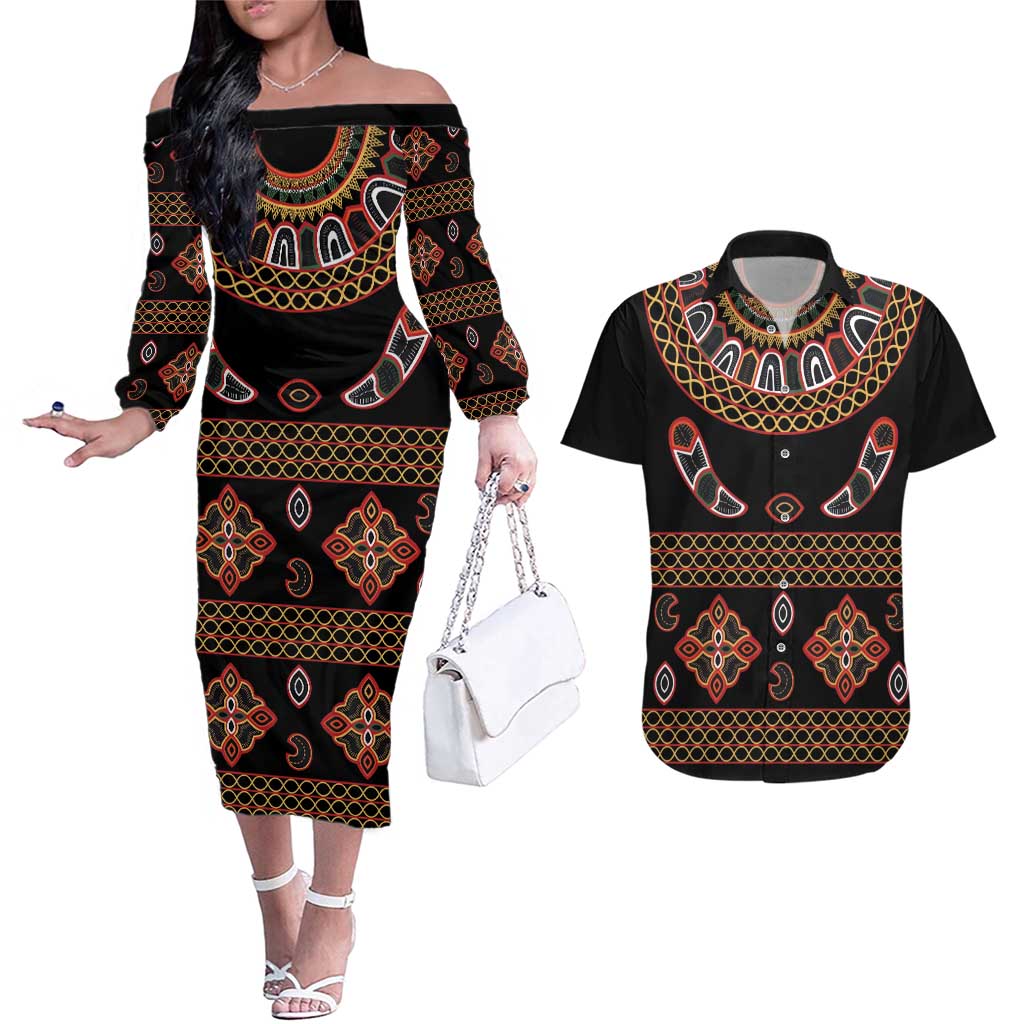 Toghu Couples Matching Off The Shoulder Long Sleeve Dress and Hawaiian Shirt Cameroon Traditional Pattern