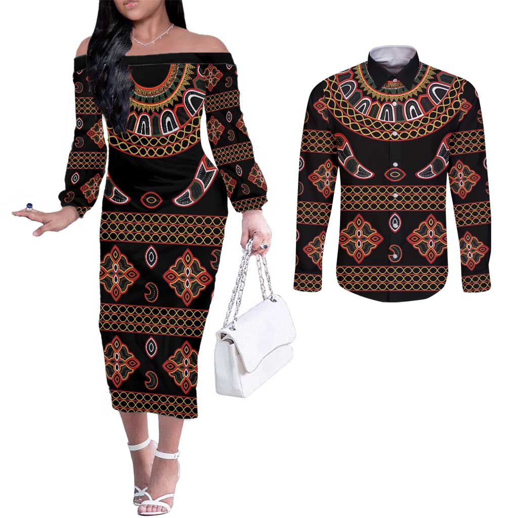 Toghu Couples Matching Off The Shoulder Long Sleeve Dress and Long Sleeve Button Shirt Cameroon Traditional Pattern