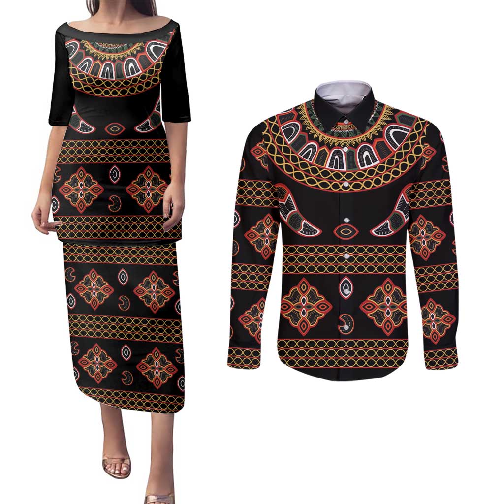 Toghu Couples Matching Puletasi and Long Sleeve Button Shirt Cameroon Traditional Pattern