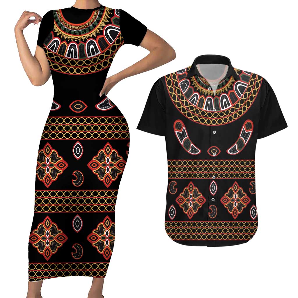 Toghu Couples Matching Short Sleeve Bodycon Dress and Hawaiian Shirt Cameroon Traditional Pattern