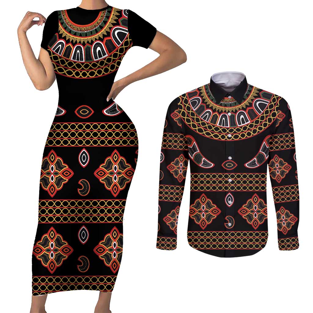 Toghu Couples Matching Short Sleeve Bodycon Dress and Long Sleeve Button Shirt Cameroon Traditional Pattern