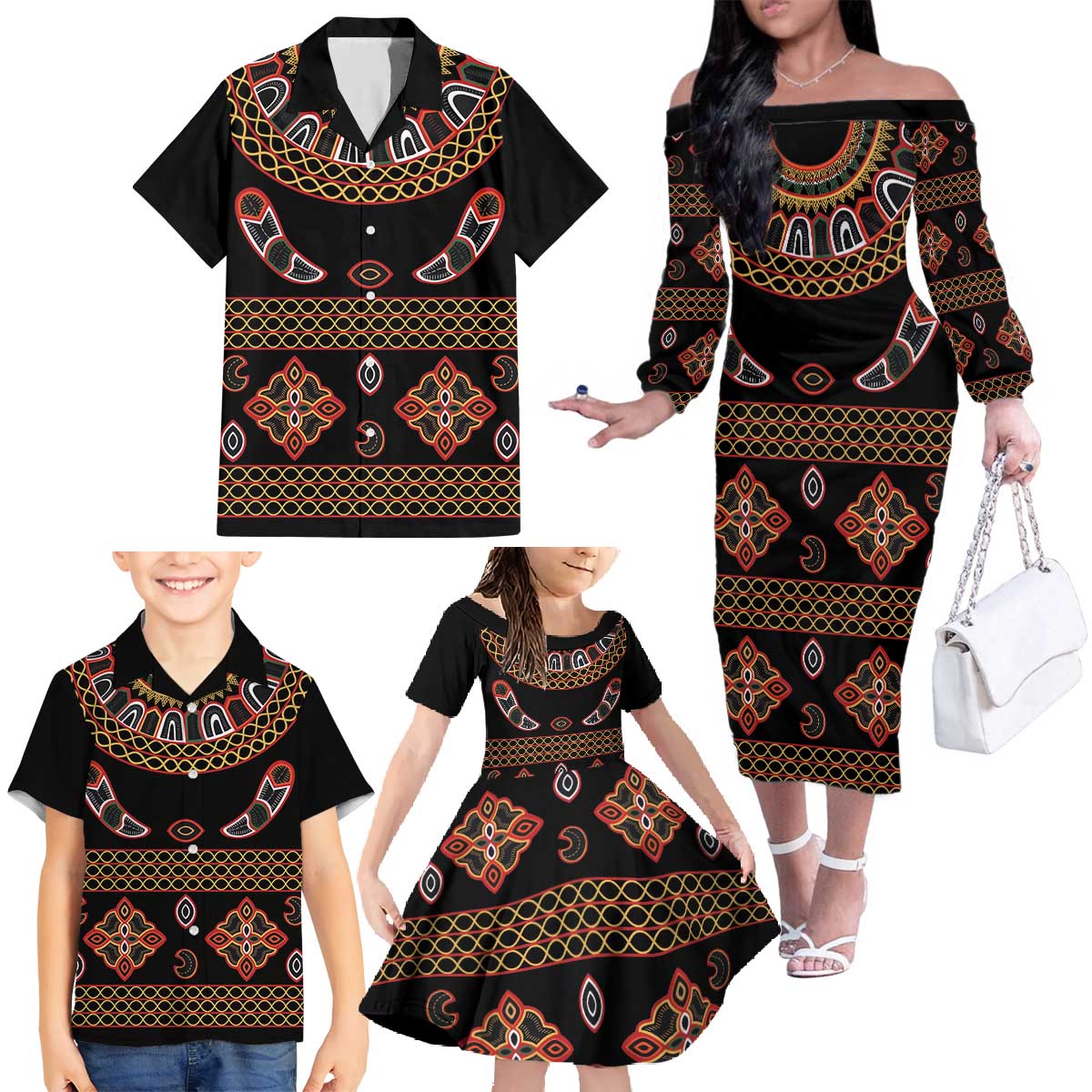 Toghu Family Matching Off The Shoulder Long Sleeve Dress and Hawaiian Shirt Cameroon Traditional Pattern