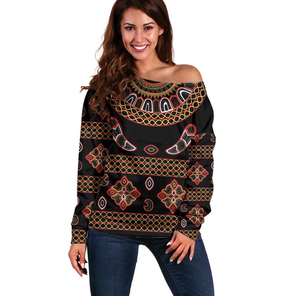 Toghu Off Shoulder Sweater Cameroon Traditional Pattern