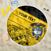 Yellow round beach blanket with fringed edge, crest and 'YOUR TEXT' design