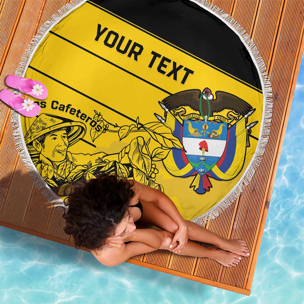 Yellow round beach blanket with fringed edge, crest and 'YOUR TEXT' print