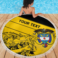 Yellow round beach blanket with fringed edge, 'YOUR TEXT' and crest graphic