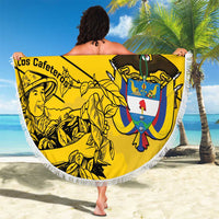 Yellow round beach blanket with fringed edge, 'YOUR TEXT' panel and crest