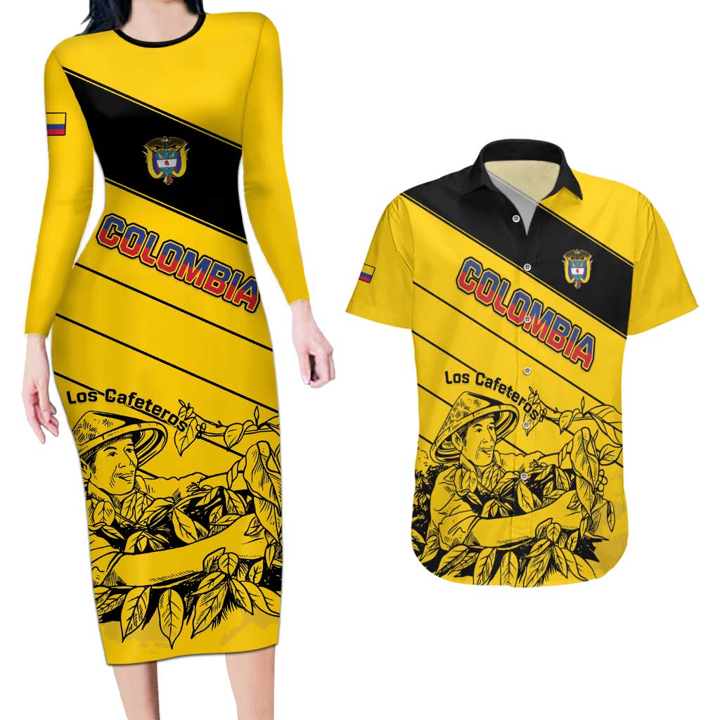 Custom Colombia Football Couples Matching Long Sleeve Bodycon Dress and Hawaiian Shirt Go Los Cafeteros