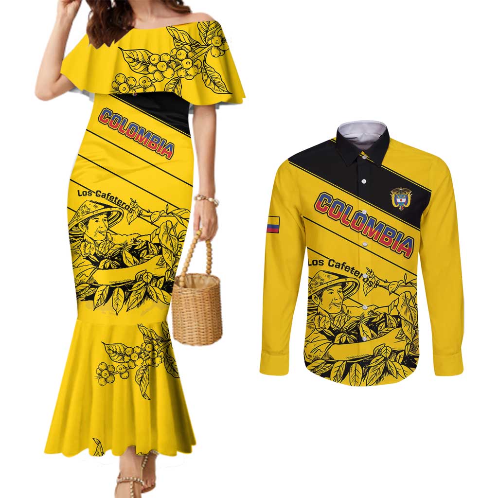 Custom Colombia Football Couples Matching Mermaid Dress and Long Sleeve Button Shirt Go Los Cafeteros