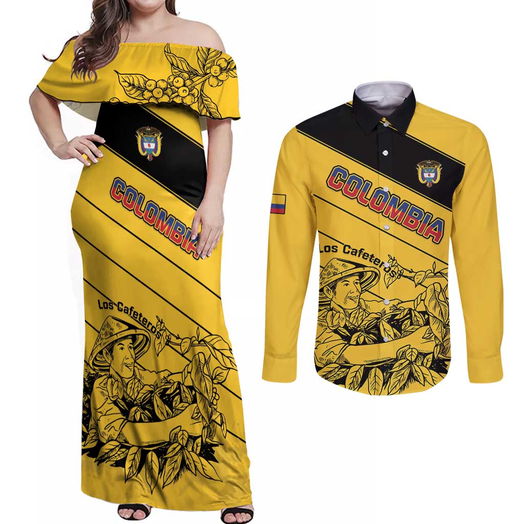 Custom Colombia Football Couples Matching Off Shoulder Maxi Dress and Long Sleeve Button Shirt Go Los Cafeteros