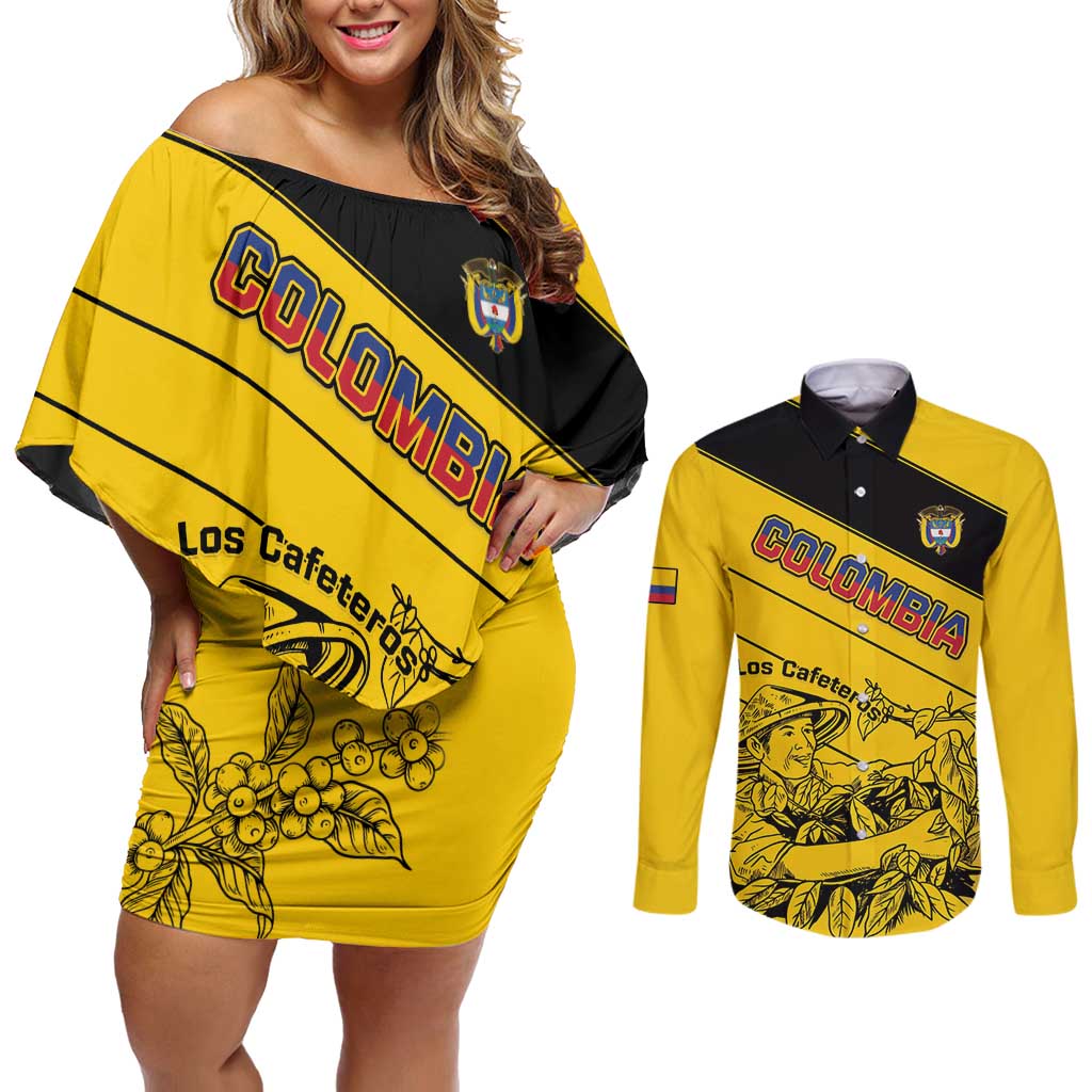 Custom Colombia Football Couples Matching Off Shoulder Short Dress and Long Sleeve Button Shirt Go Los Cafeteros