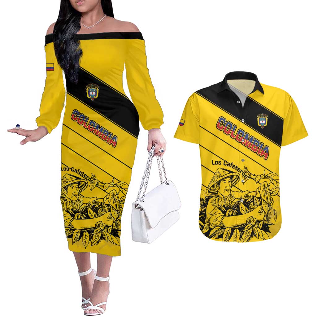 Custom Colombia Football Couples Matching Off The Shoulder Long Sleeve Dress and Hawaiian Shirt Go Los Cafeteros