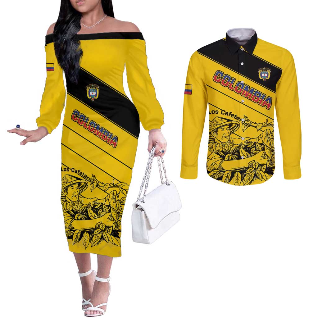 Custom Colombia Football Couples Matching Off The Shoulder Long Sleeve Dress and Long Sleeve Button Shirt Go Los Cafeteros