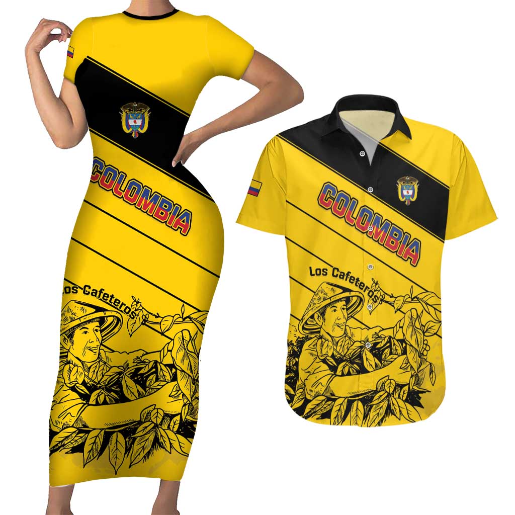 Custom Colombia Football Couples Matching Short Sleeve Bodycon Dress and Hawaiian Shirt Go Los Cafeteros