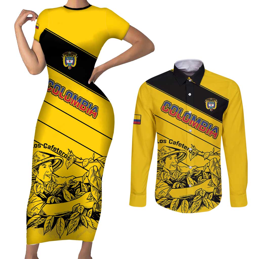 Custom Colombia Football Couples Matching Short Sleeve Bodycon Dress and Long Sleeve Button Shirt Go Los Cafeteros