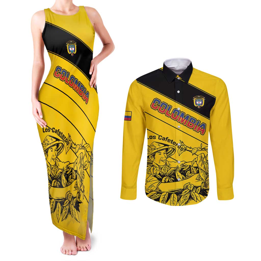 Custom Colombia Football Couples Matching Tank Maxi Dress and Long Sleeve Button Shirt Go Los Cafeteros