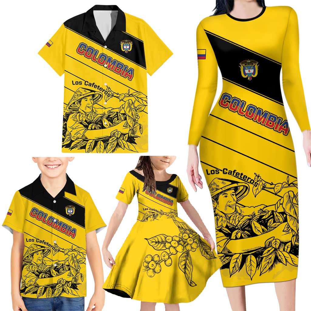 Custom Colombia Football Family Matching Long Sleeve Bodycon Dress and Hawaiian Shirt Go Los Cafeteros