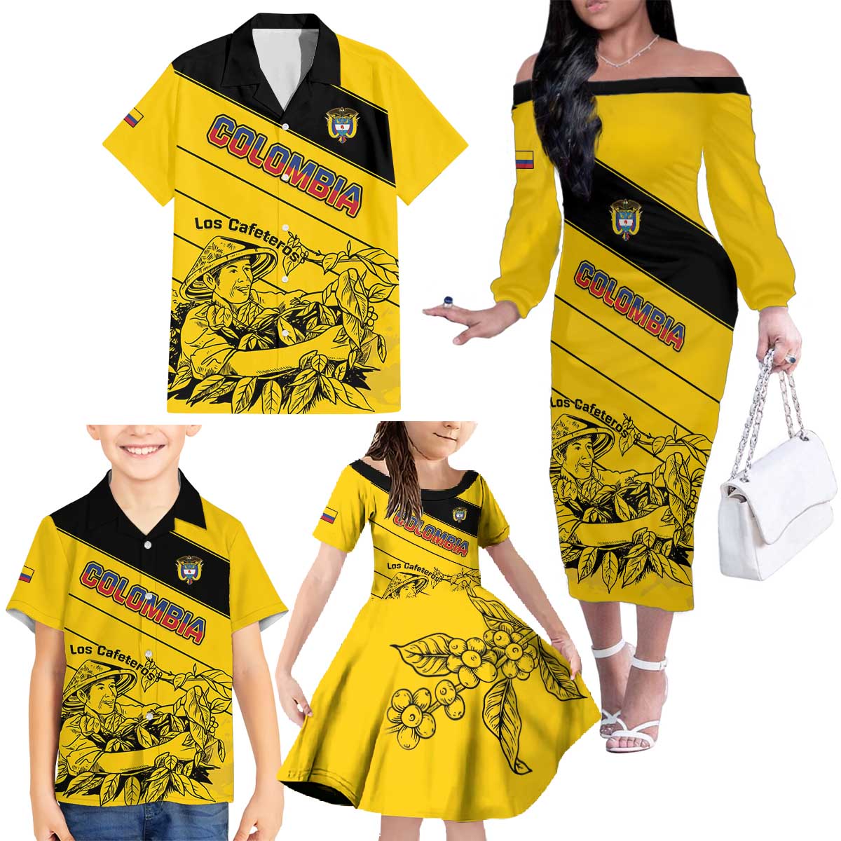 Custom Colombia Football Family Matching Off The Shoulder Long Sleeve Dress and Hawaiian Shirt Go Los Cafeteros