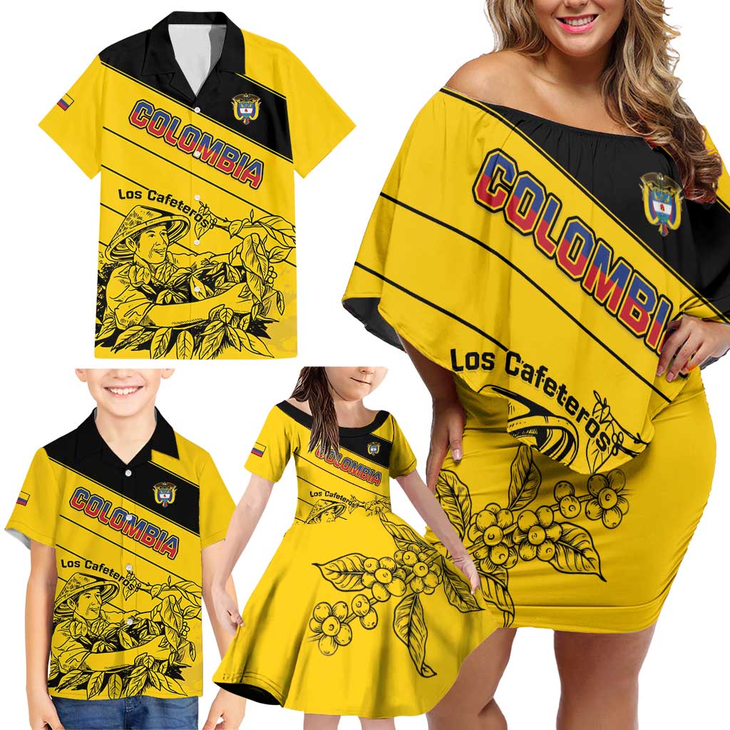 Custom Colombia Football Family Matching Off Shoulder Short Dress and Hawaiian Shirt Go Los Cafeteros